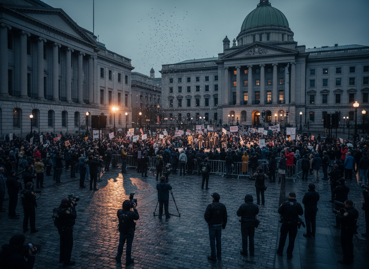 Dramatic editorial photojournalism scene of a bustling city government plaza at dusk, crowds gathered, long shadows, cinematic muted tones, professional news photography, wide angle, high detail