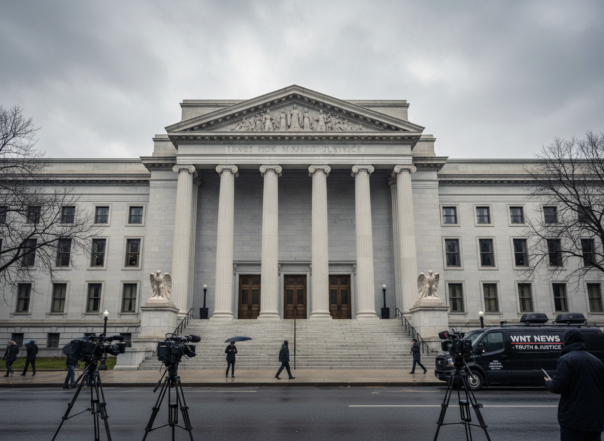 Exterior of a classical government courthouse building with columns, overcast sky, editorial news photography