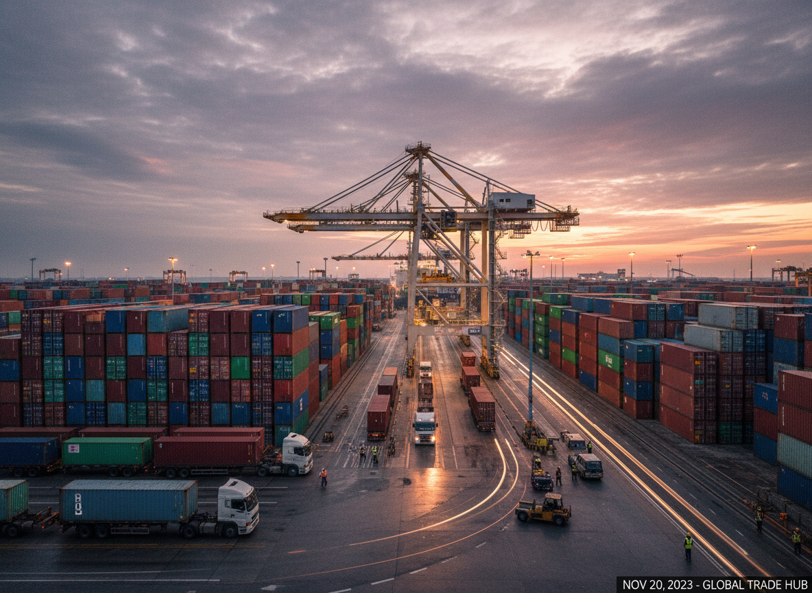 Cargo shipping containers stacked at a busy port with a crane, global trade, documentary news photography